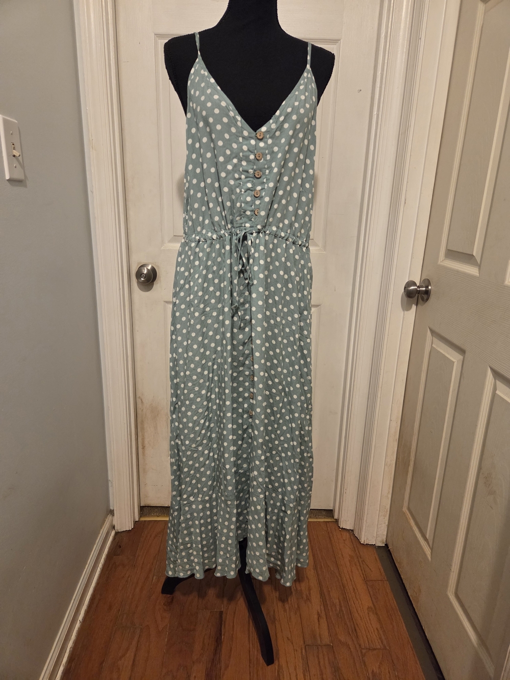 Sage Green Polka Dot Asymmetrical Maxi Dress with Drawstring